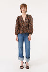 V neck long sleeve blouse with ditsy print in brown tones