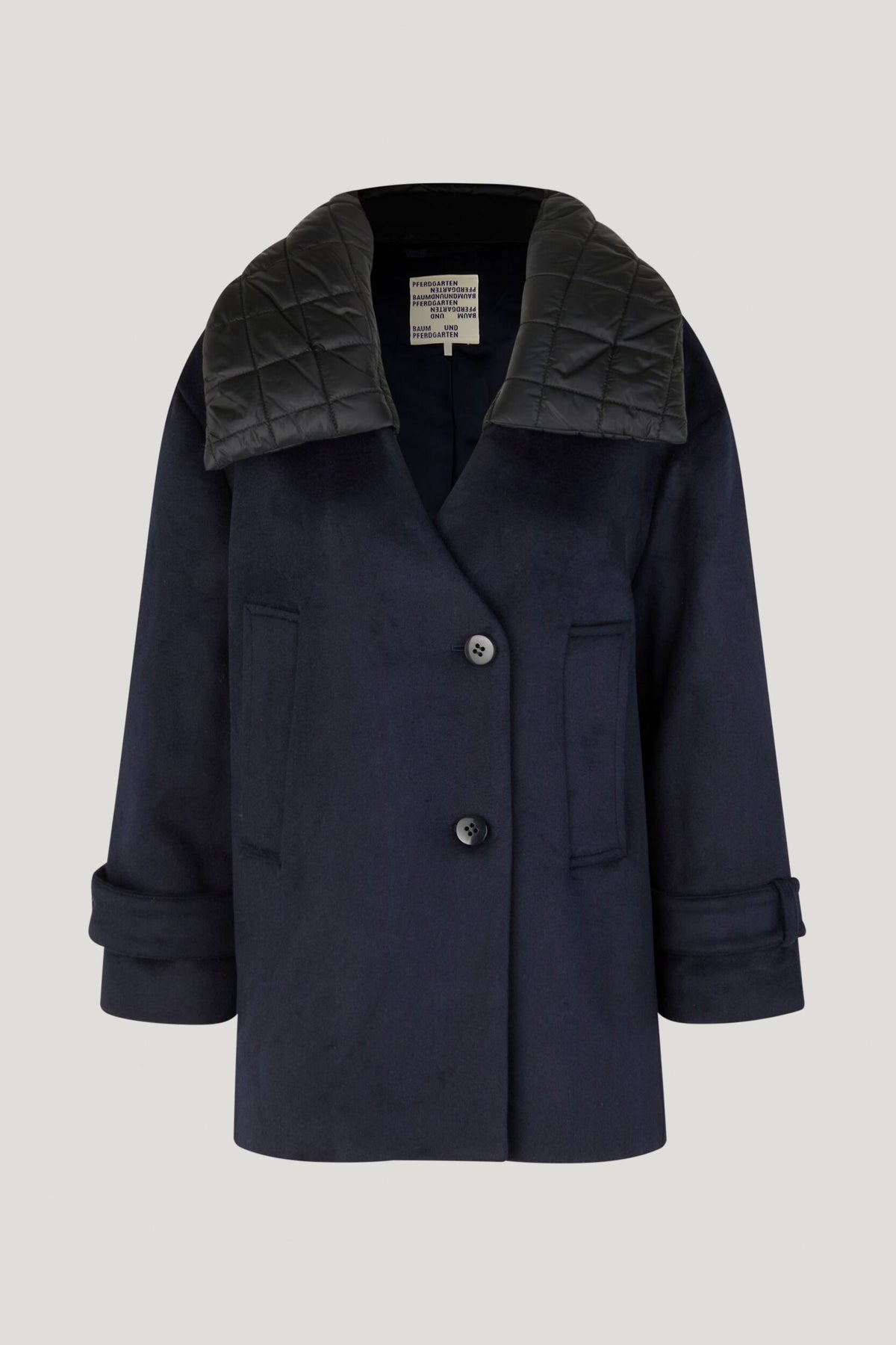 Navy pea coat single breasted with two welt side pockets and detachable black padded and quilted collar