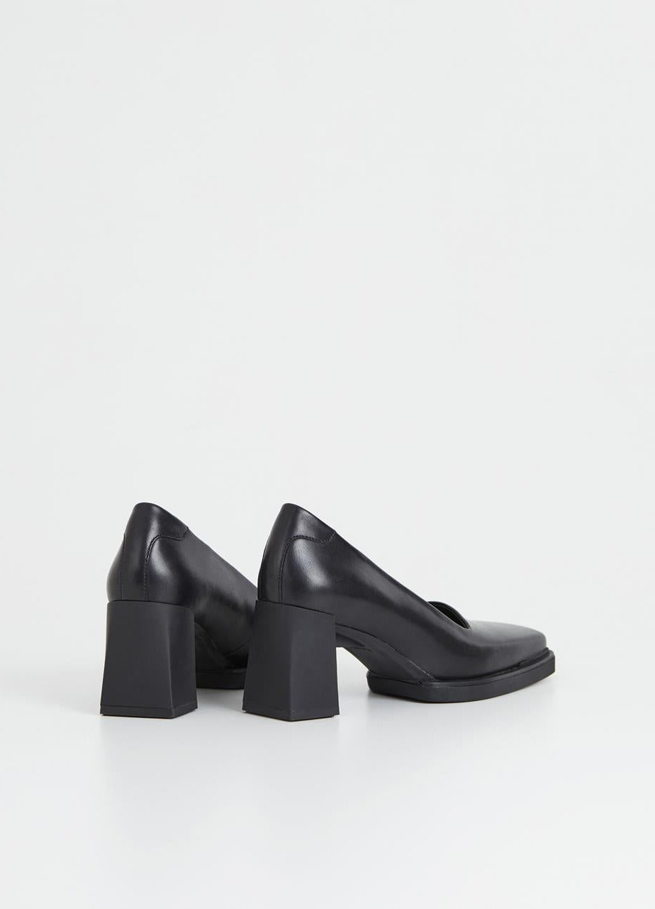 Modern black court shoe with square toe and block heel