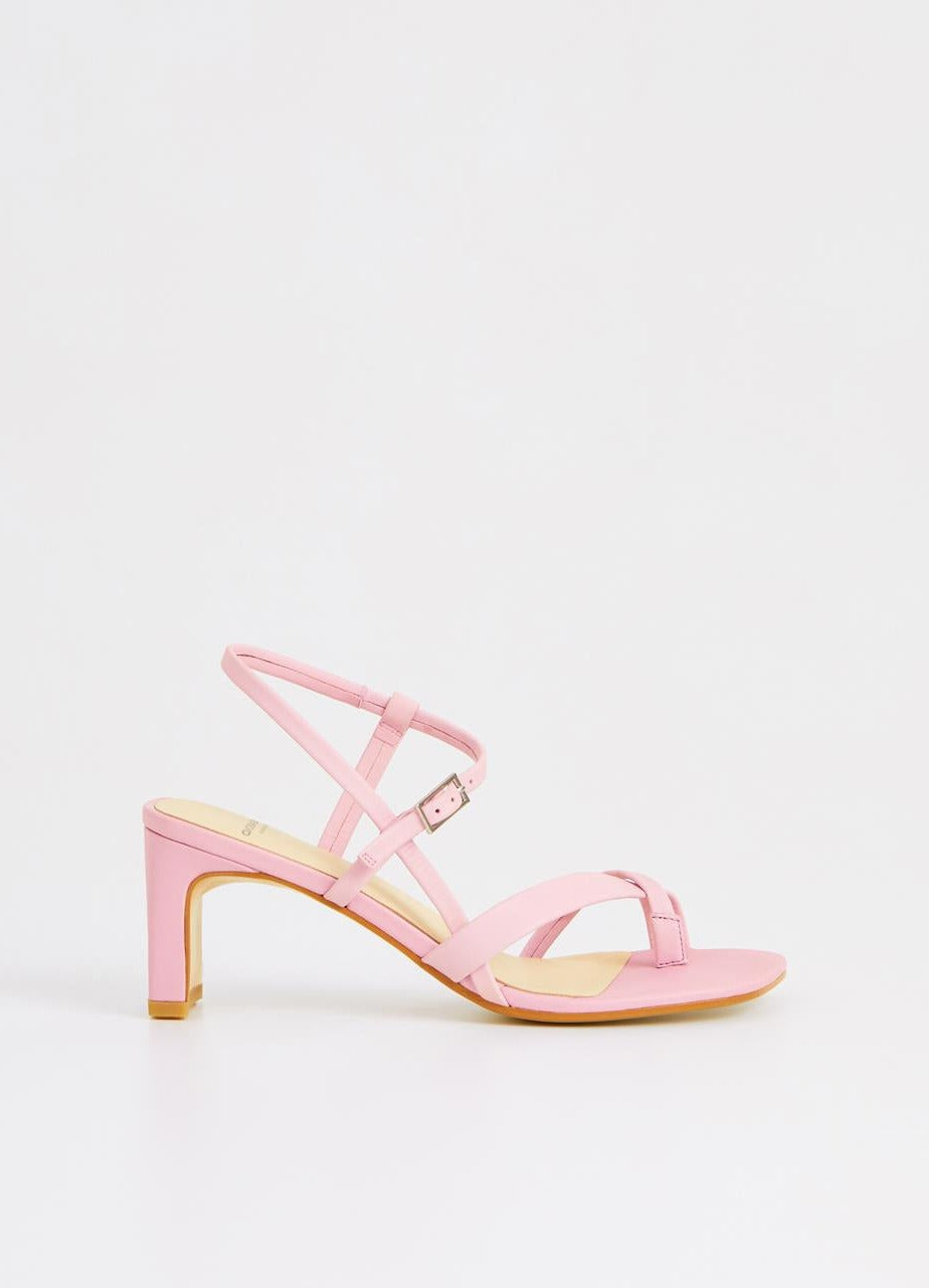 Pink leather strappy sandals with a block heel