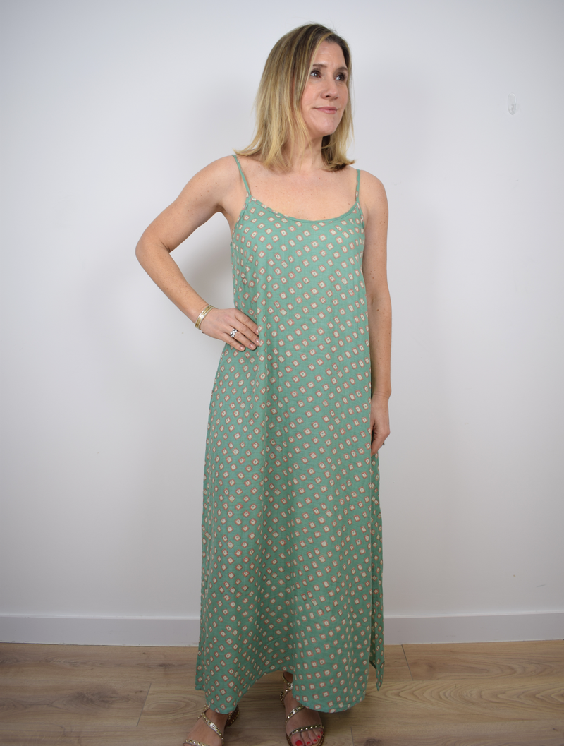 Green patterned long scrappy dress 