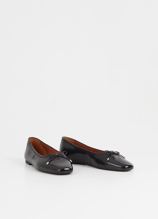 Black leather ballet pump with croc effect leather a patent toe and tie details with silver tips