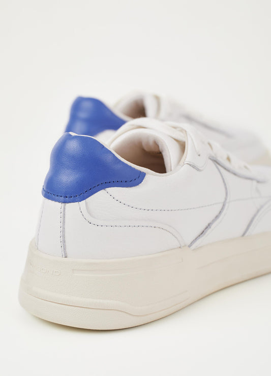 White trainer with cobalt blue heel and white laces