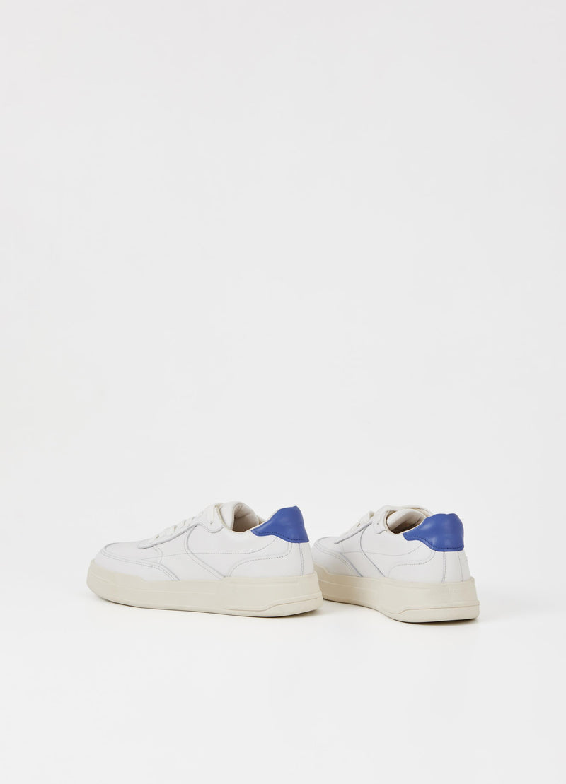 White trainer with cobalt blue heel and white laces
