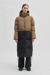 Taupe and black colour block padded and quilted winter coat with long sleeves hidden placket and detachable hood