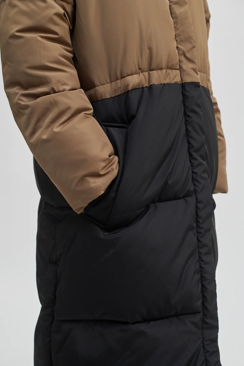Taupe and black colour block padded and quilted winter coat with long sleeves hidden placket and detachable hood