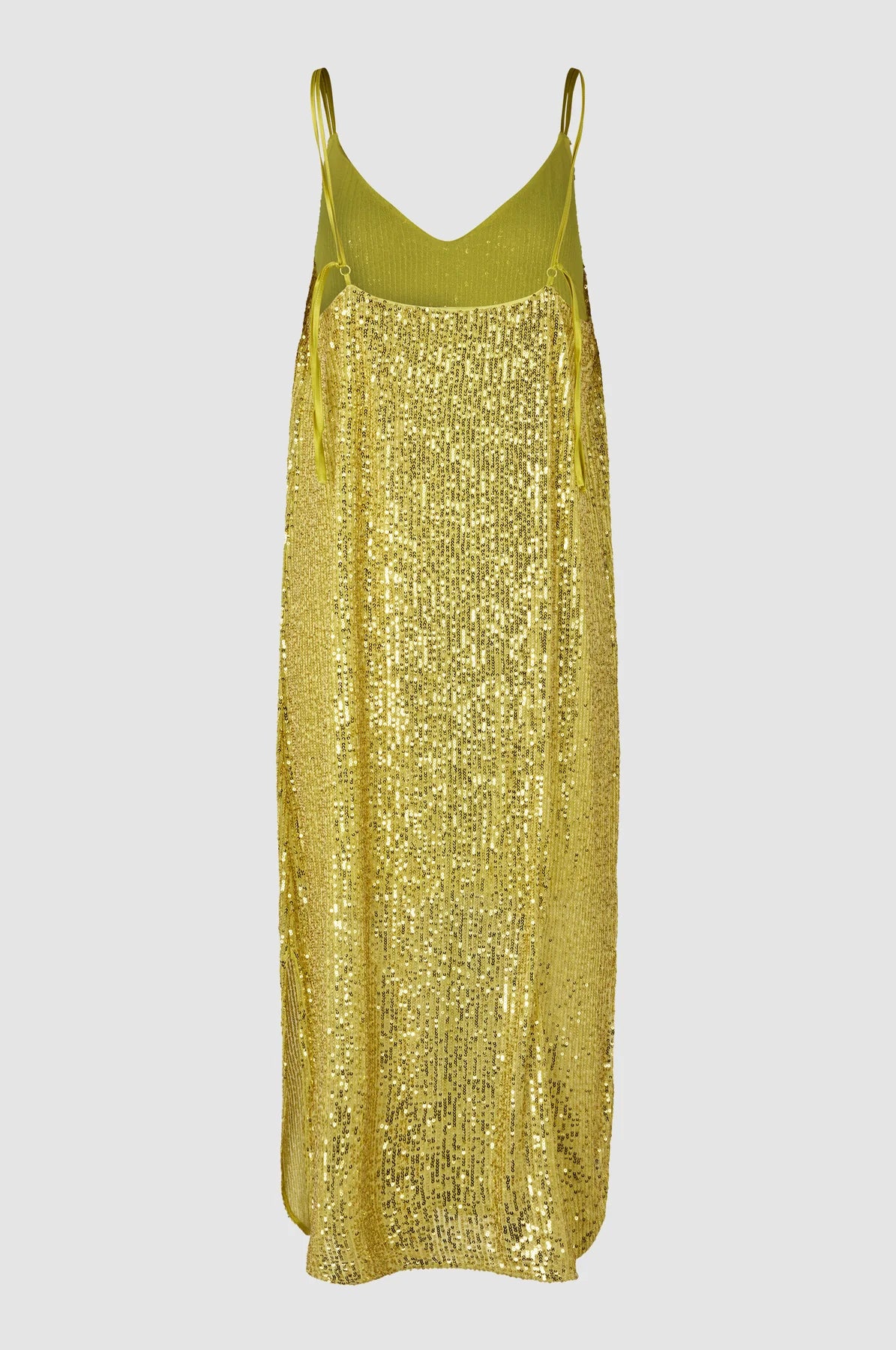 Golden yellow sequin slip midi dress with spaghetti straps and side splits