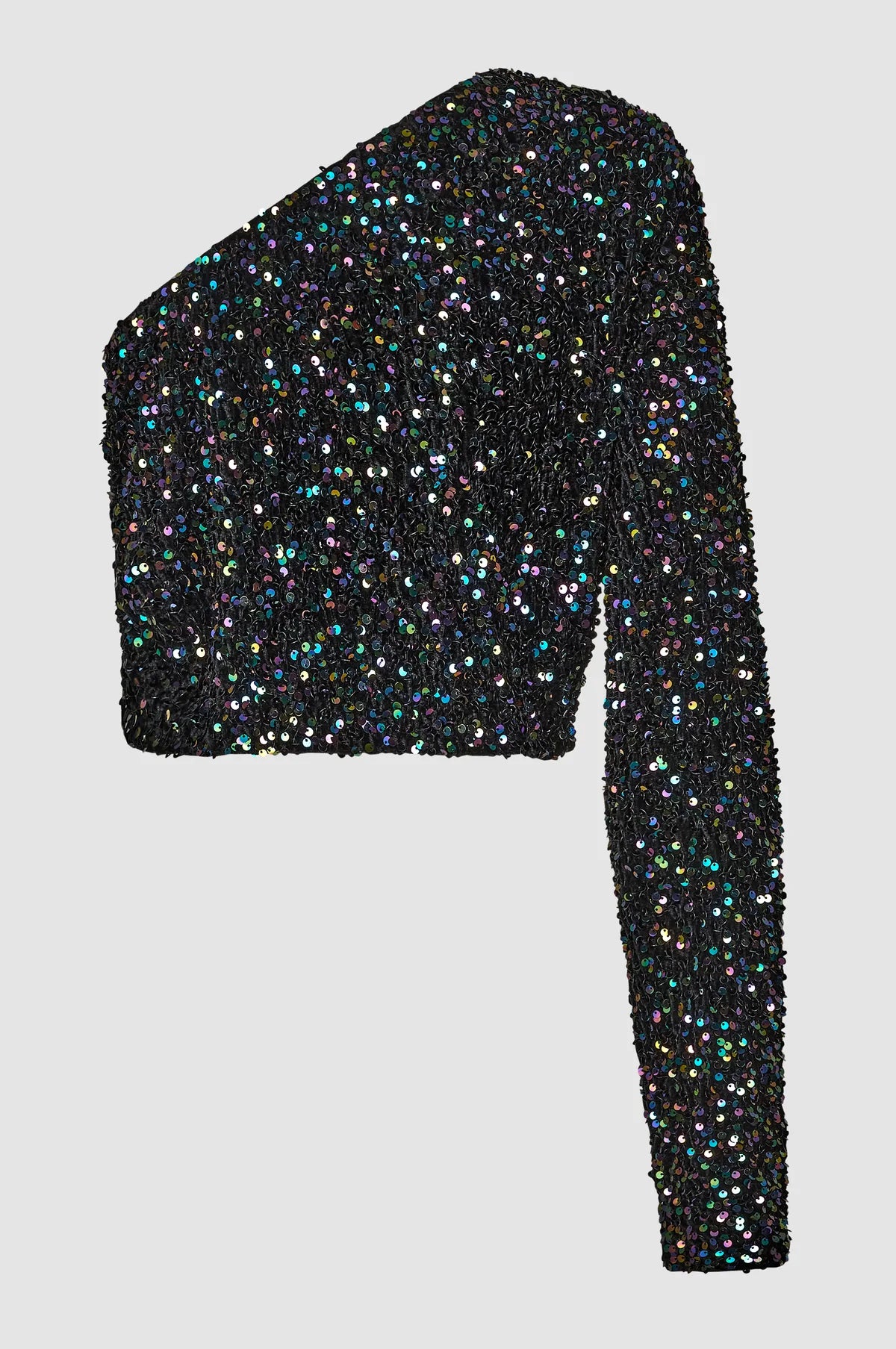 Black one shouldered short top with purple sequins 