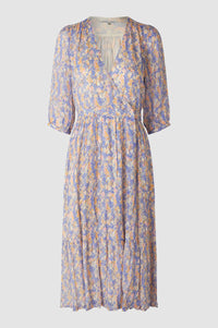 Wrap dress with V neck and three quarter length sleeves on an ecru base with blue, lilac and yellow ditsy floral print midi in length