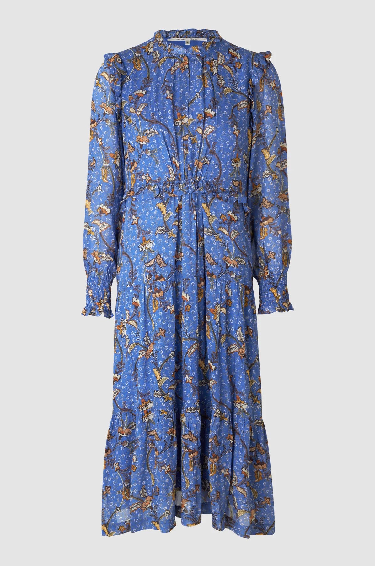 Cornflower blue with rust leaf all over print midi dress with small ruffle details around the collar waist and shoulders, long sleeves with shirred cuffs, V neckline and elasticated waist