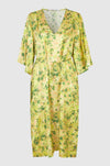 Green printed dress with removable tie belt and pockets