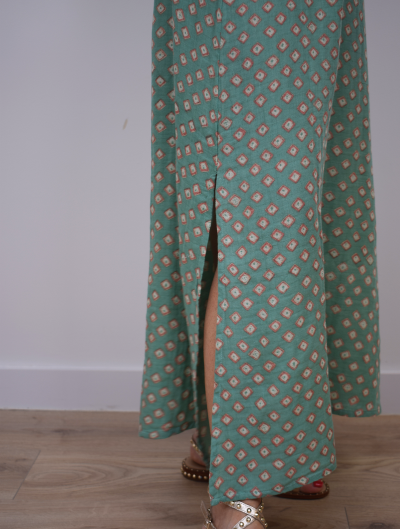 Green patterned long scrappy dress 
