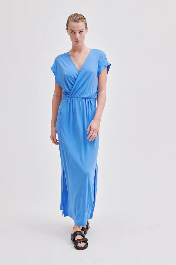Mid length jersey dress in bright blue