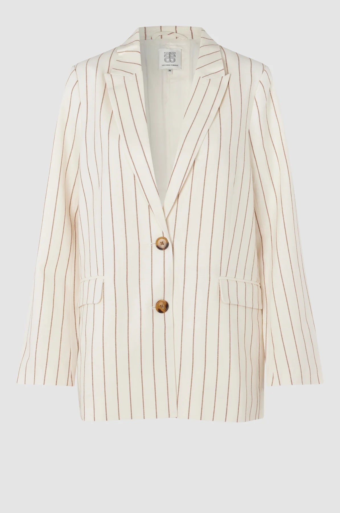 Ecru and brown pinstripe single breasted blazer with double button fastening notch lapel and two front flap pockets 