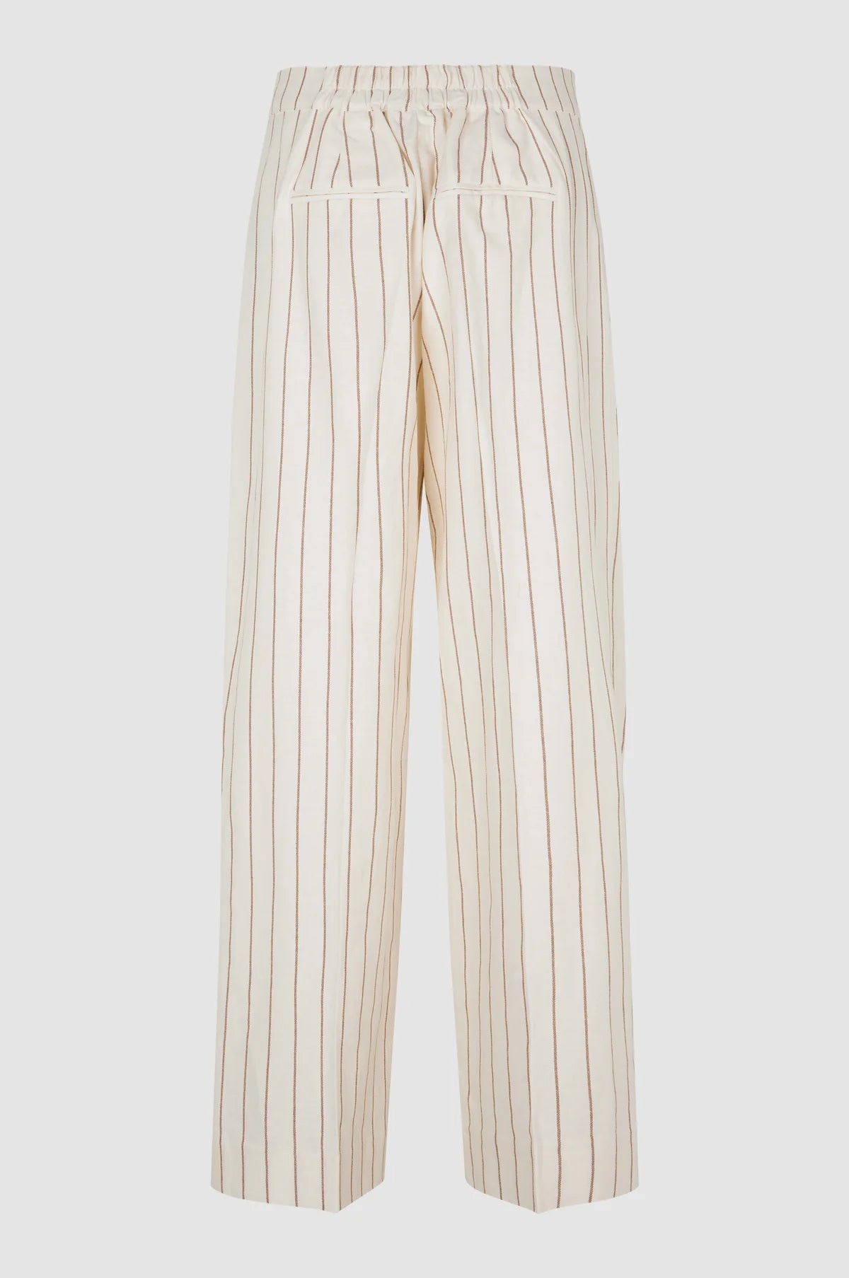 Wide leg tailored ecru linen and brown vertical stripe flat fronted trousers