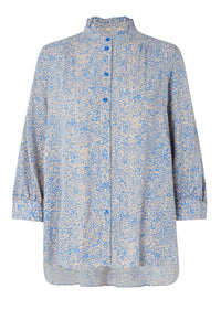 Ecru and cornflower blue ditsy floral blouse with full length placket and button fastening with grandad collar and ruffle detail with three quarter length sleeves