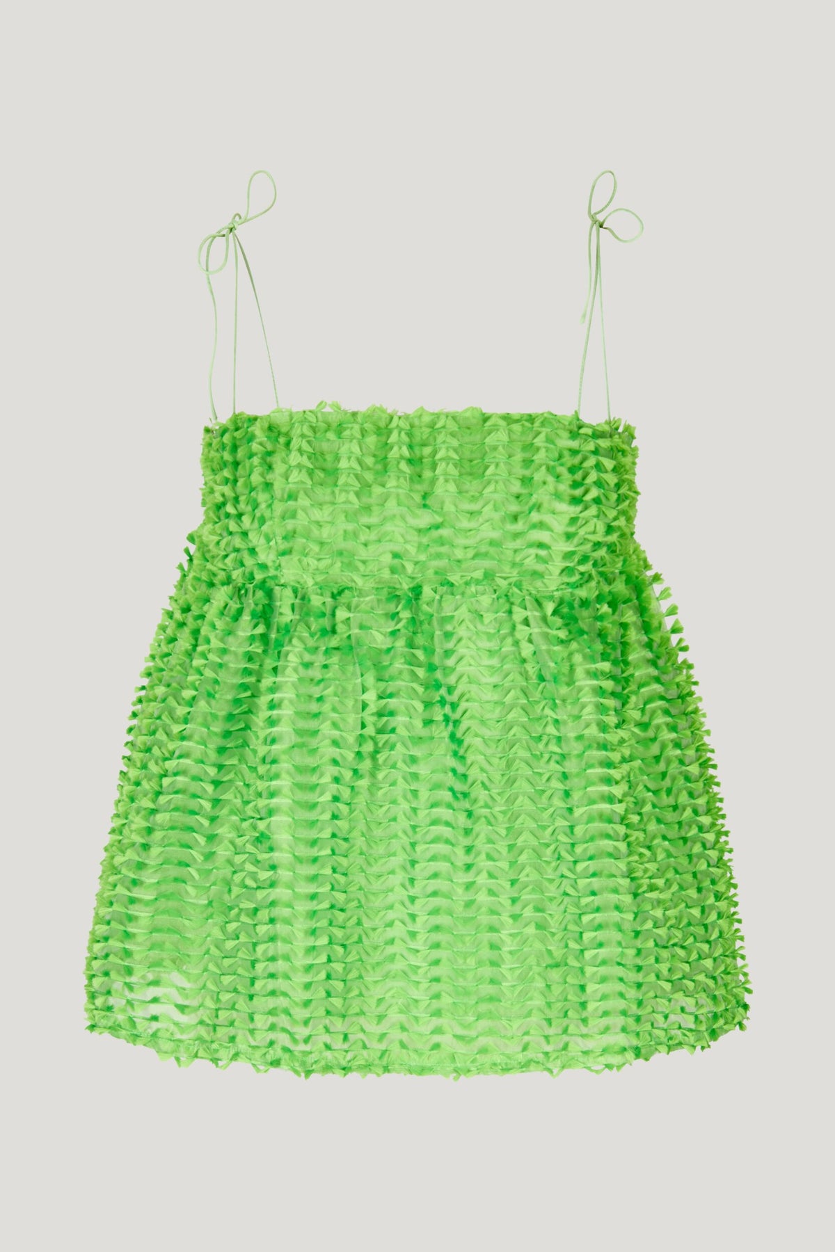 Acid green midi top with spagetti straps a fitted bust and empire line top with small tassels all over the fabric