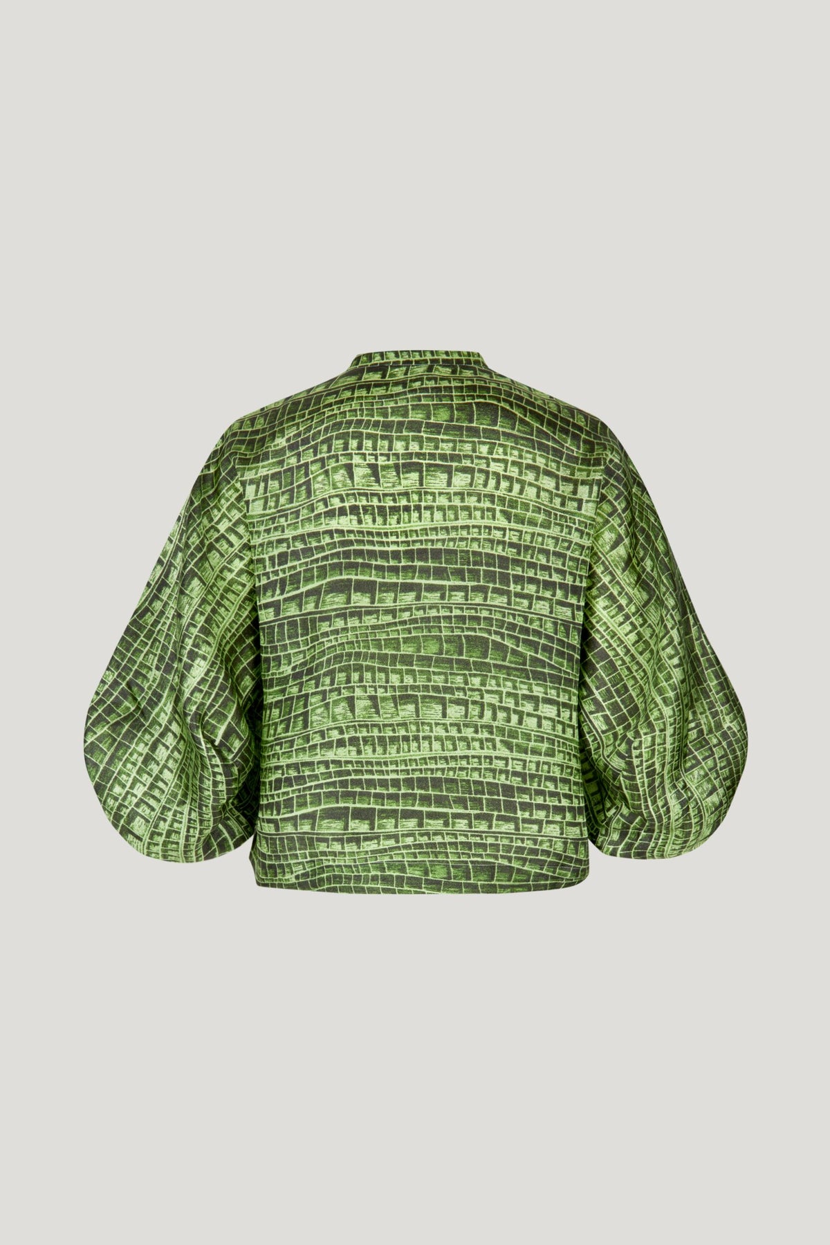 Reptile print green blouse with grandad collar tie neck and cropped balloon sleeves