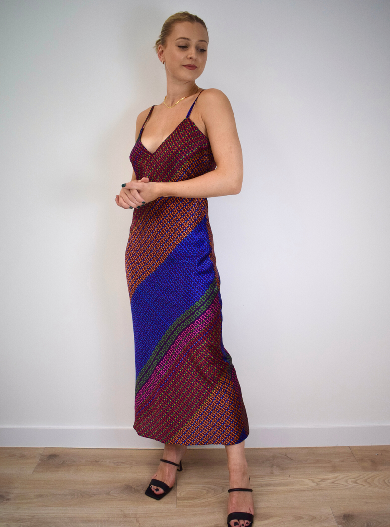 Slip dress with stripes of red, blue and pink 