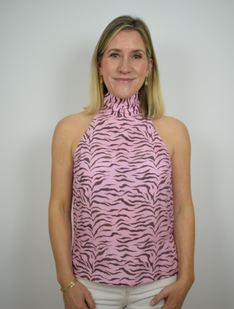 Halter neck pink top with brown pattern 