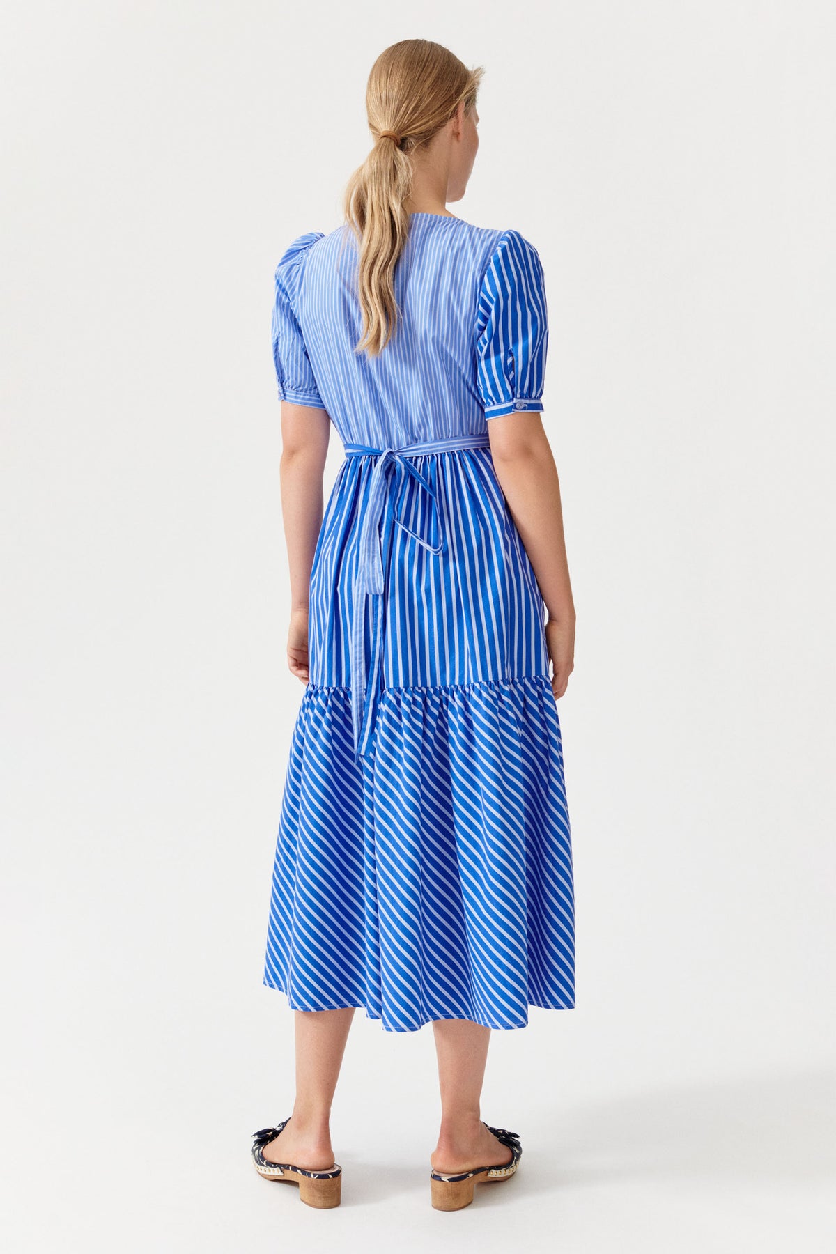 Blue mix stripe wrap dress