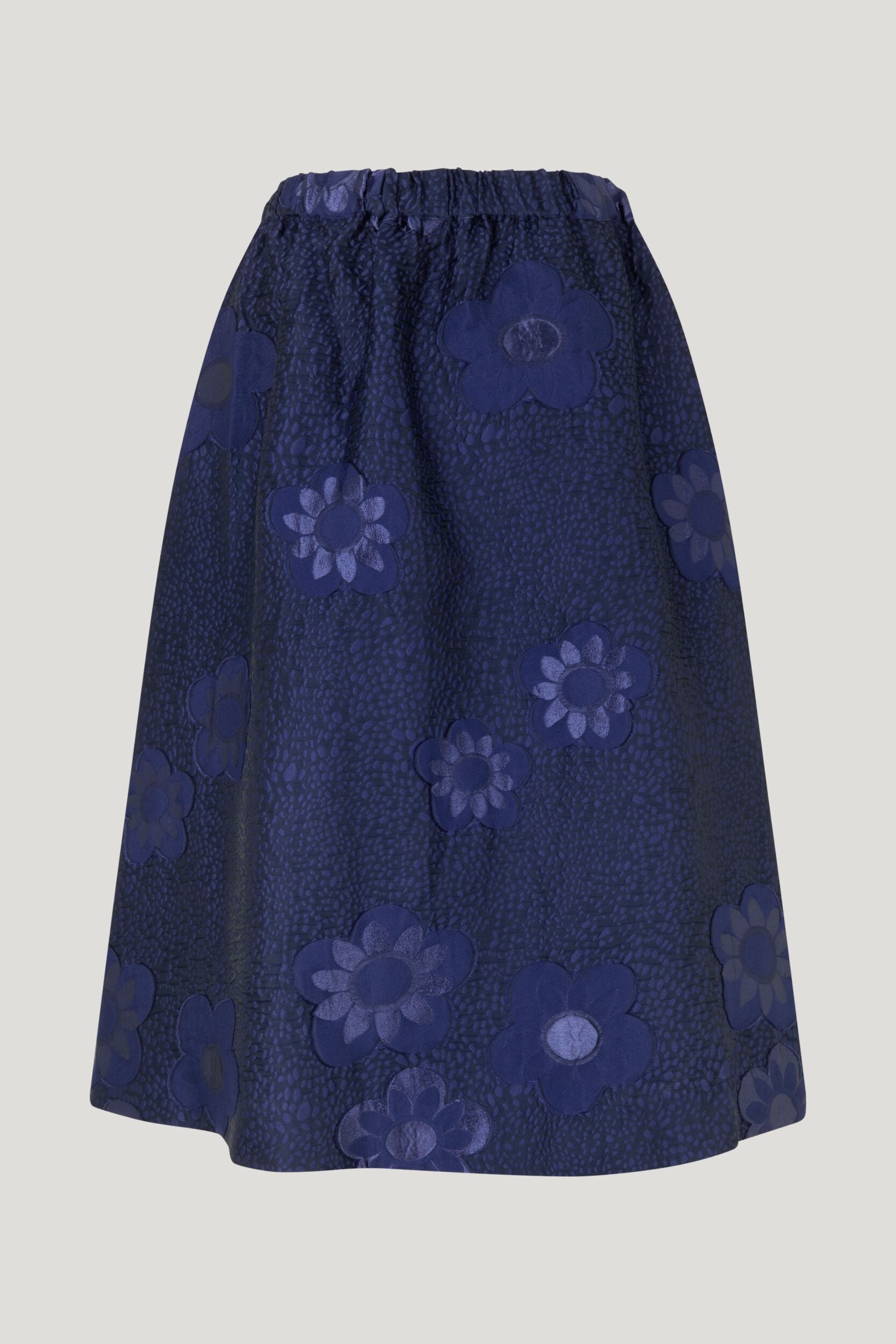 Midi full skirt with elasticated waistband at rear and embroidered flower design throughout