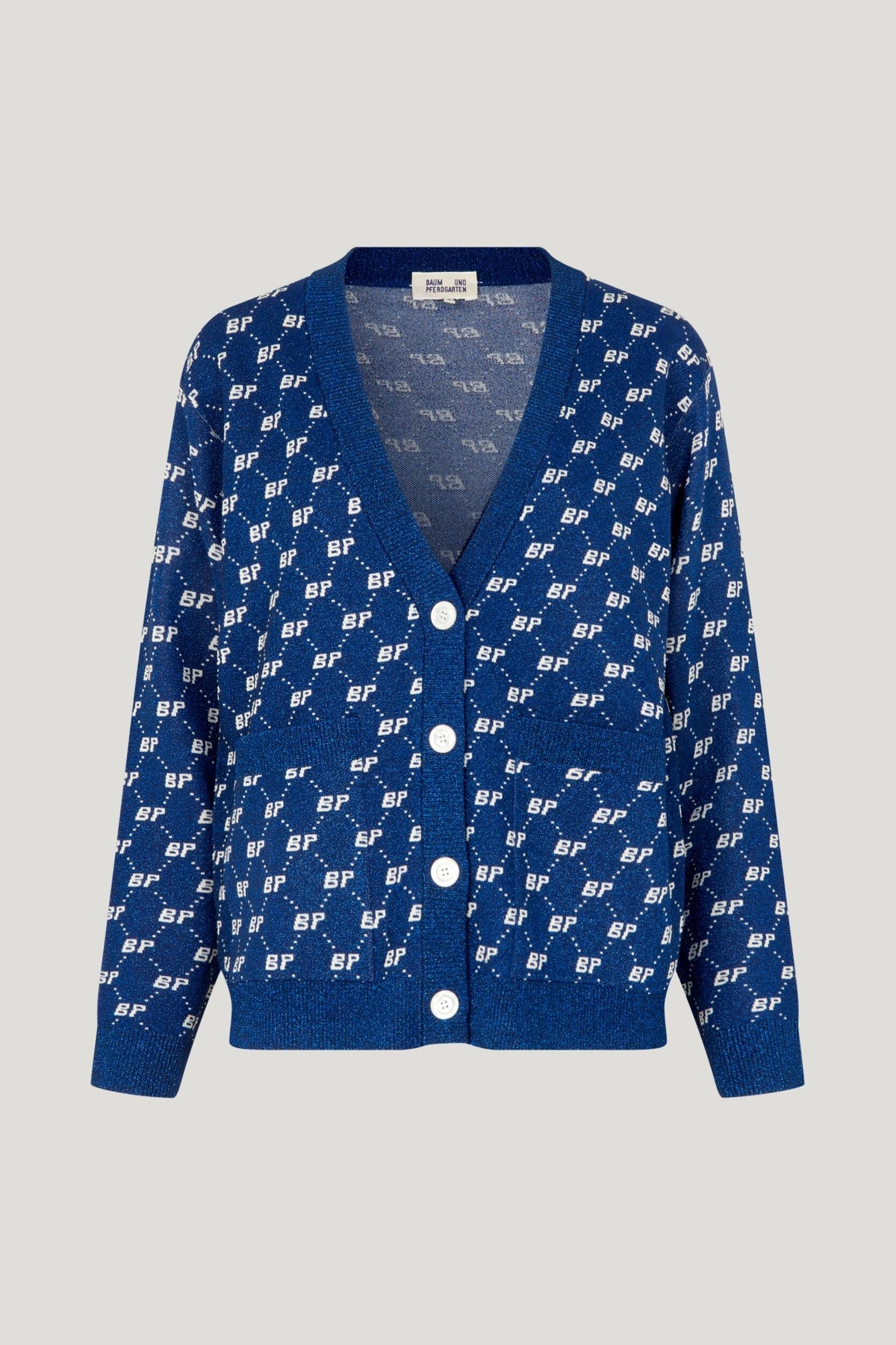 Blue and white cardigan with a V neck and lurex details