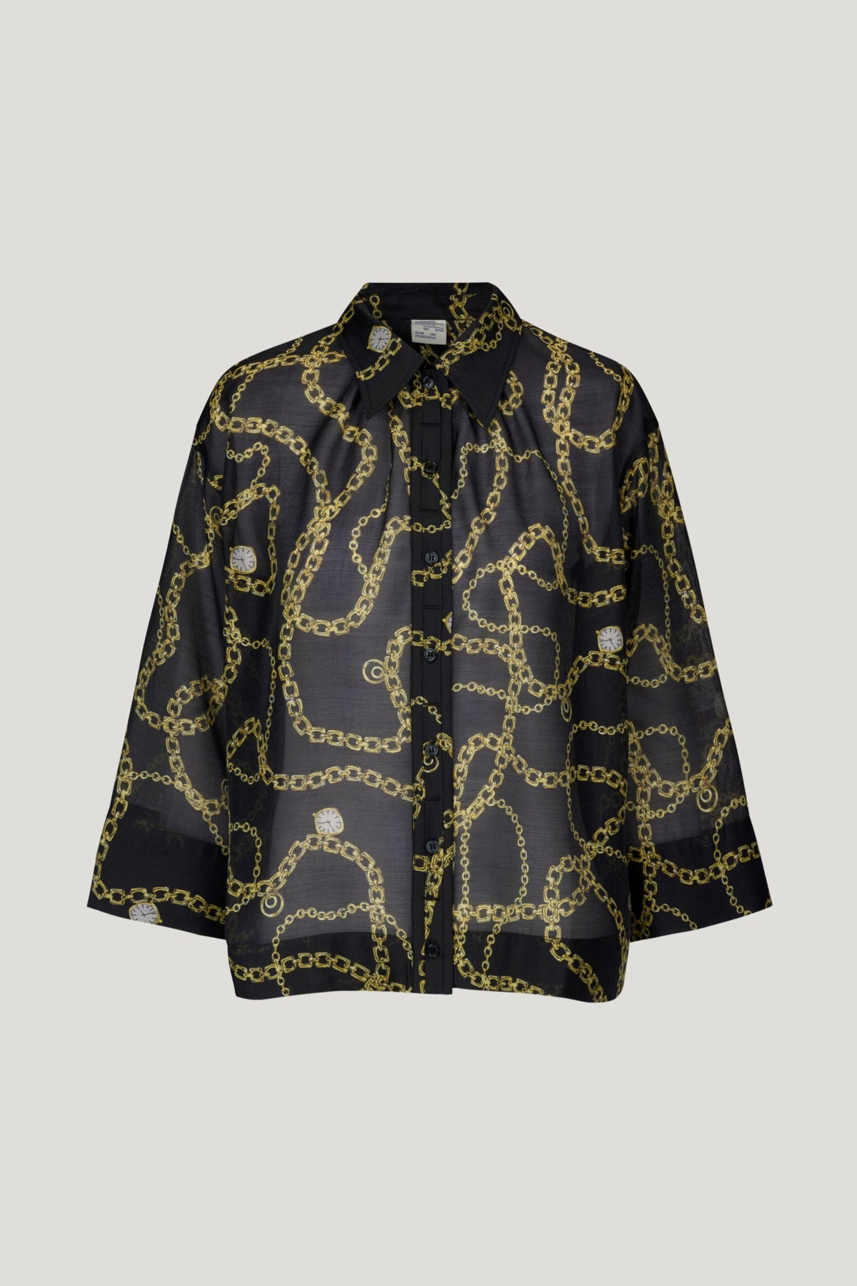 Semi sheer black shirt with classic collar and full length placket with bracelet length wide sleeves and gold chain and pocket watch all over print