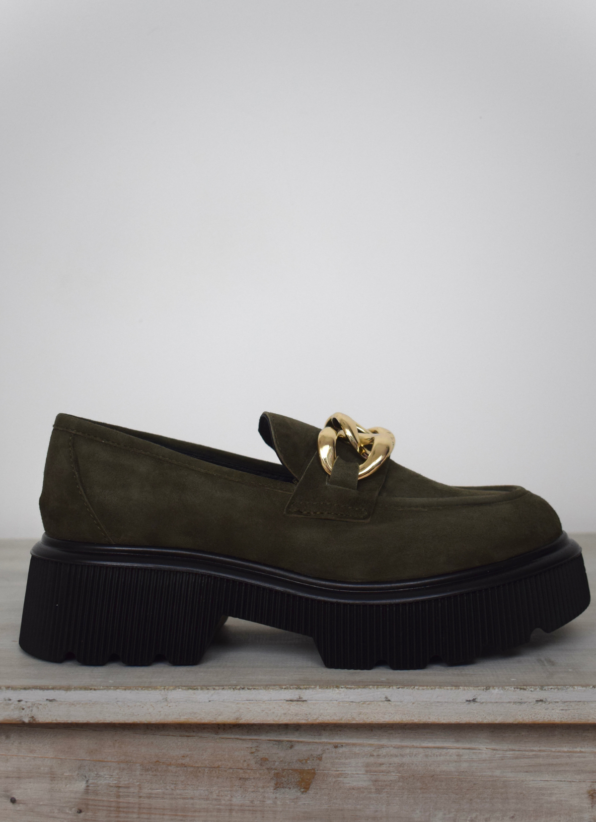 khaki loafer with gold chain detail 