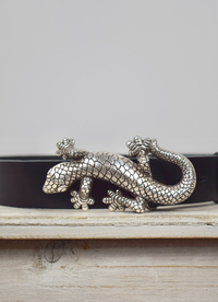 Black leather belt with large silver salamander hardware