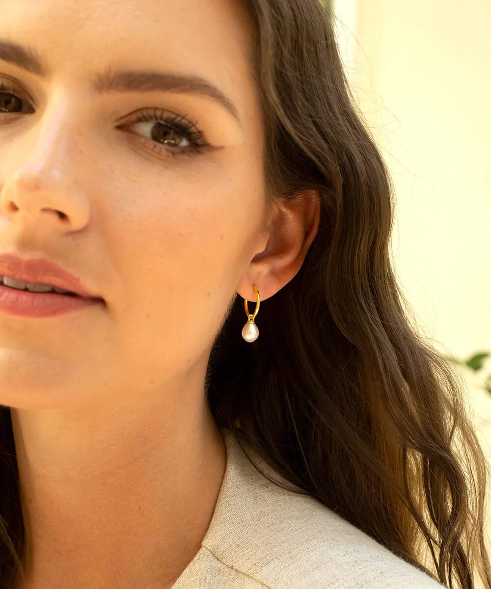 Gold plated sterling silver hoop earrings with removable pearl drop