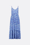 Blue tropical print strappy midi dress with deep tiered hem