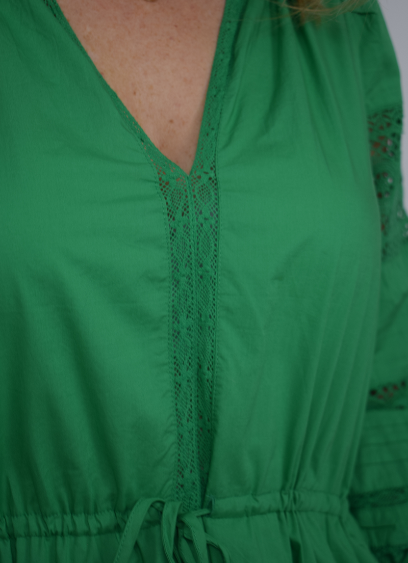 Green dress with draw string belt and lace deatil