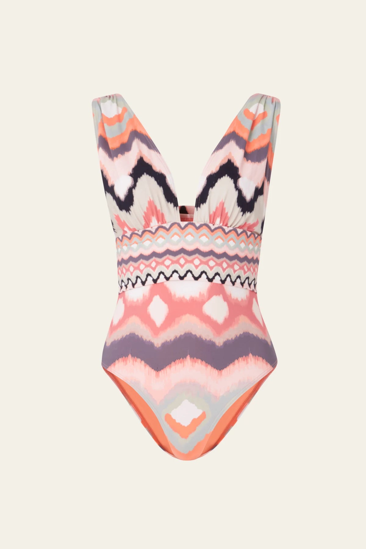 Multicoloured swimsuit with plunging V neckline enhanced waist high legs and gathering at the shoulders