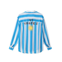 Blue and white striped shirt with long sleeves and St Tropez with a sun on the back