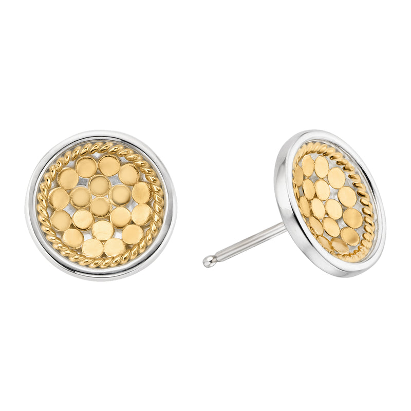Disc stud earrings with gold dots and rope border on a silver base