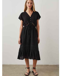 Black midi dress with V neckline frill skirt and lace and ladder inserts with short sleeves