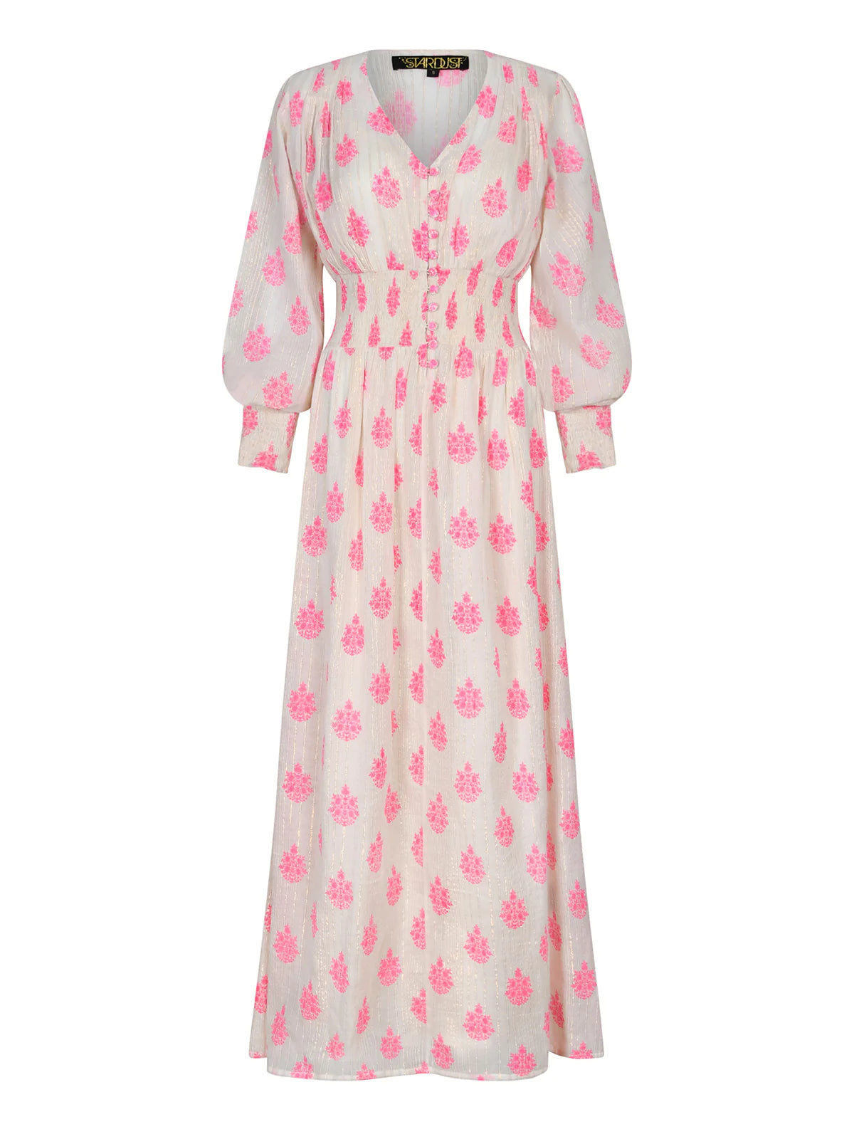 ecru and neon pink print maxi dress with long sleeves and V neck with shirred waist