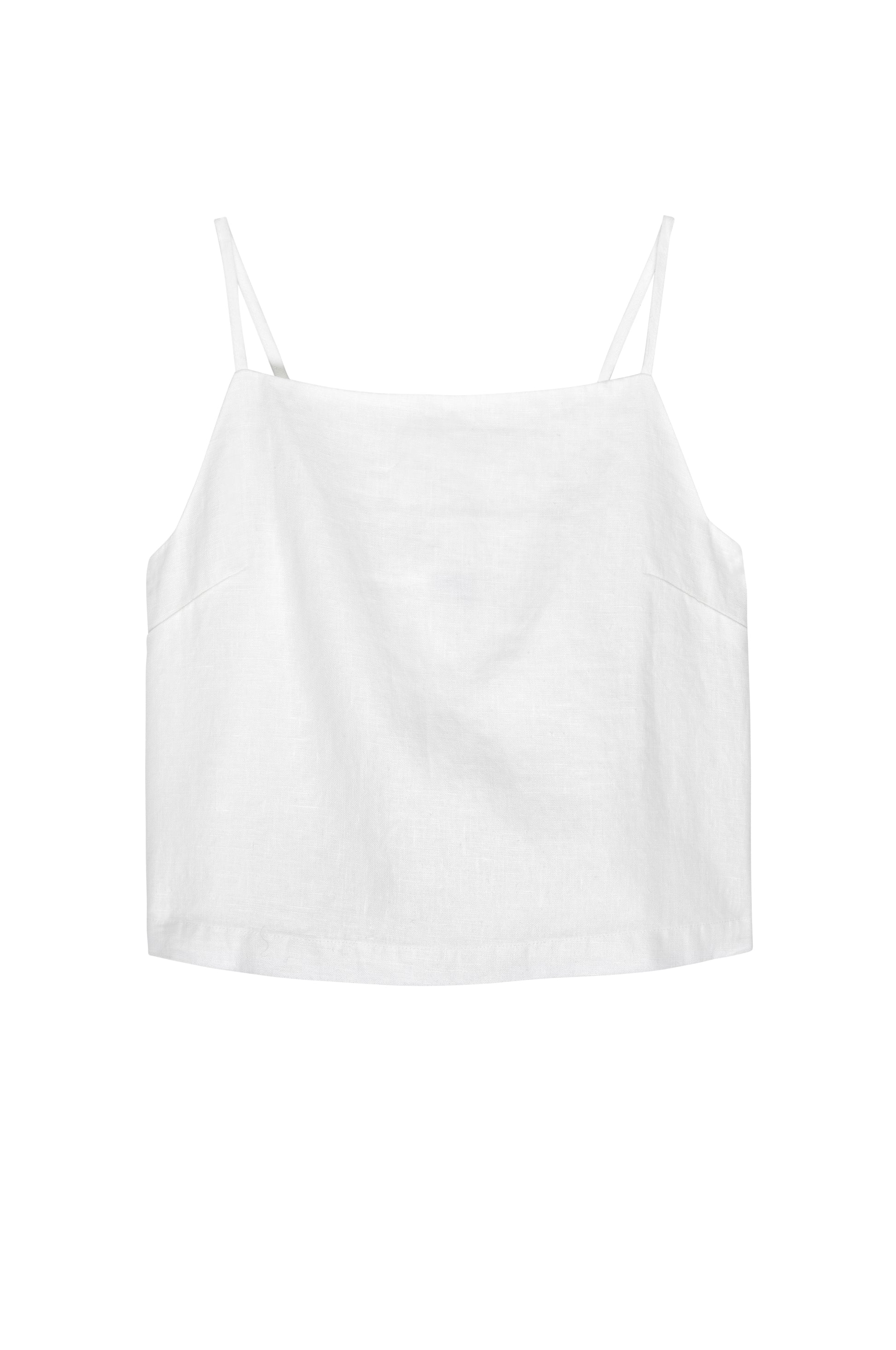 White boxy cut linen top with spaghetti straps