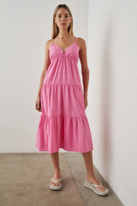 Candy pink summer midi dress with triple tiers and adjustable spaghetti straps with cut out feature centre bust