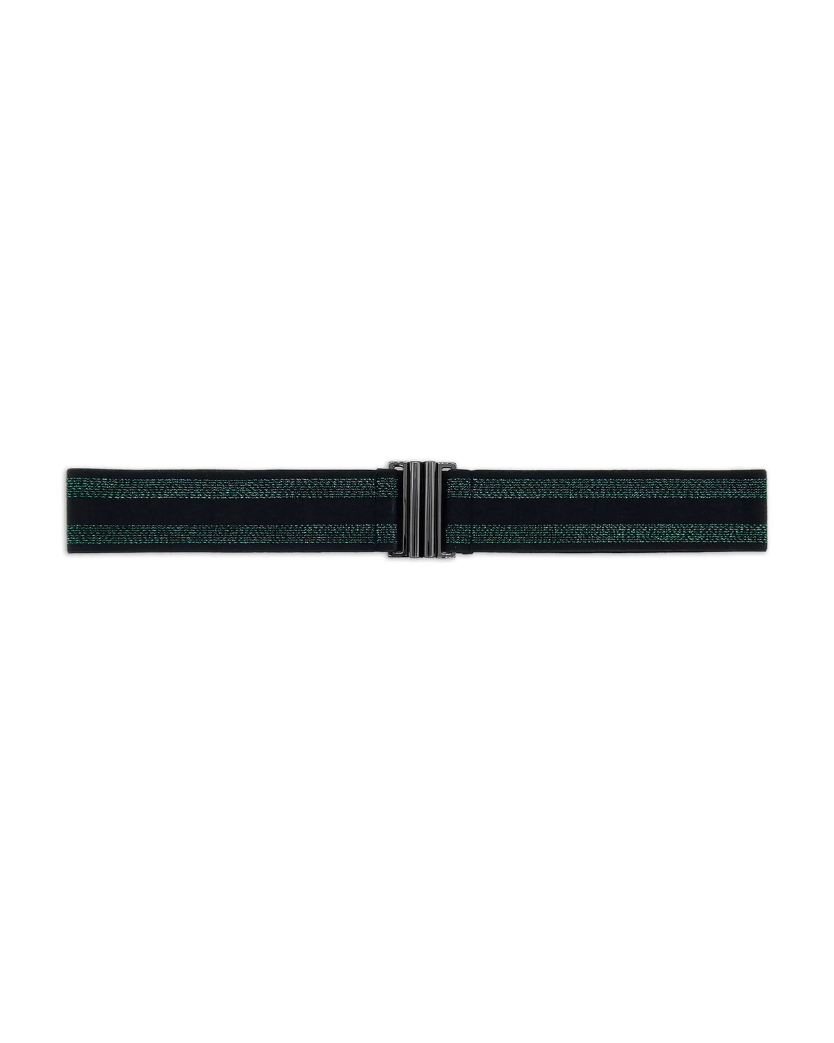 Black and metallic green elasticated belt with gun metal grey buckle