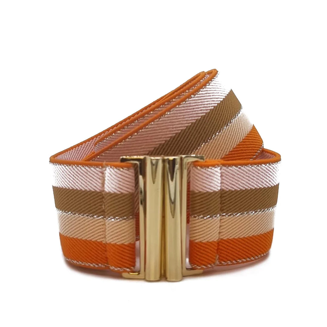 Elastic belt in orange and pink tones with gold coloured buckle