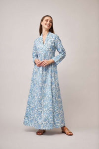 Blue floral print maxi dress with long sleeves and shawl collar