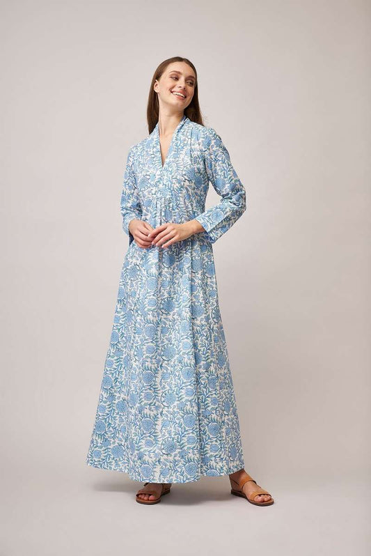 Blue floral print maxi dress with long sleeves and shawl collar