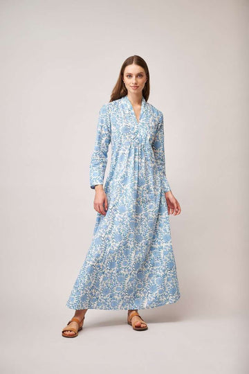 Blue floral print maxi dress with long sleeves and shawl collar