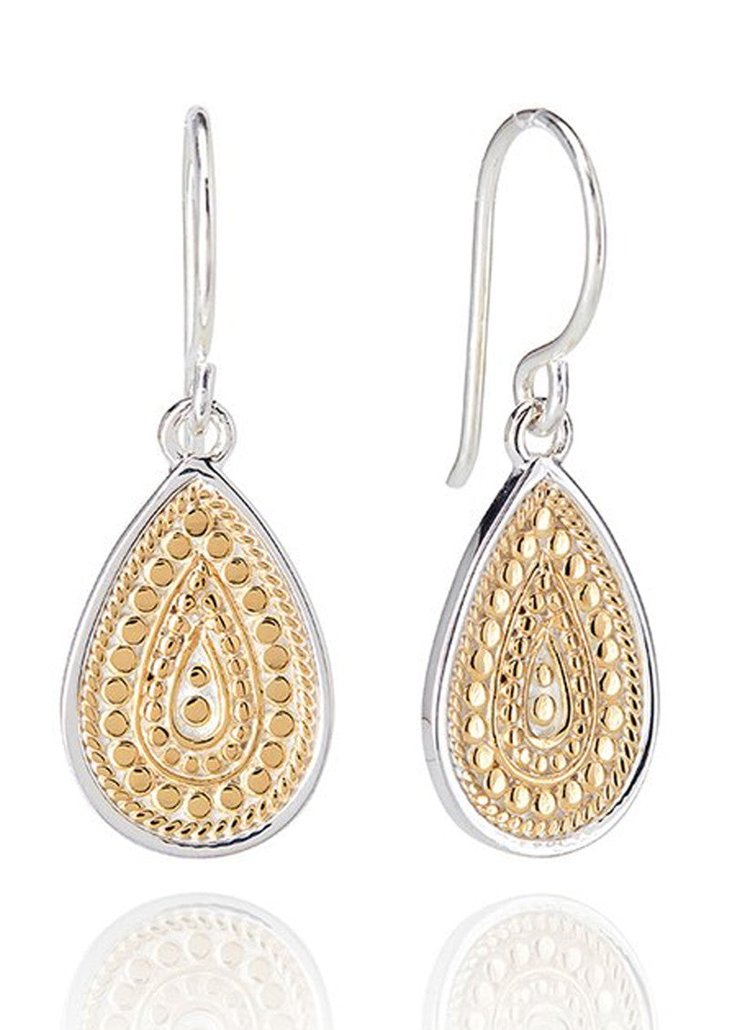Teardrop earrings with shepherds crook fastening and gold plated dotted details on a sterling silver base