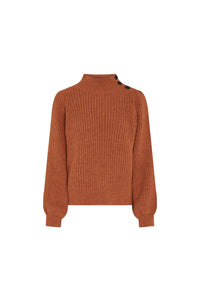 Brown turtle neck jumper with button fastening at the shoulder