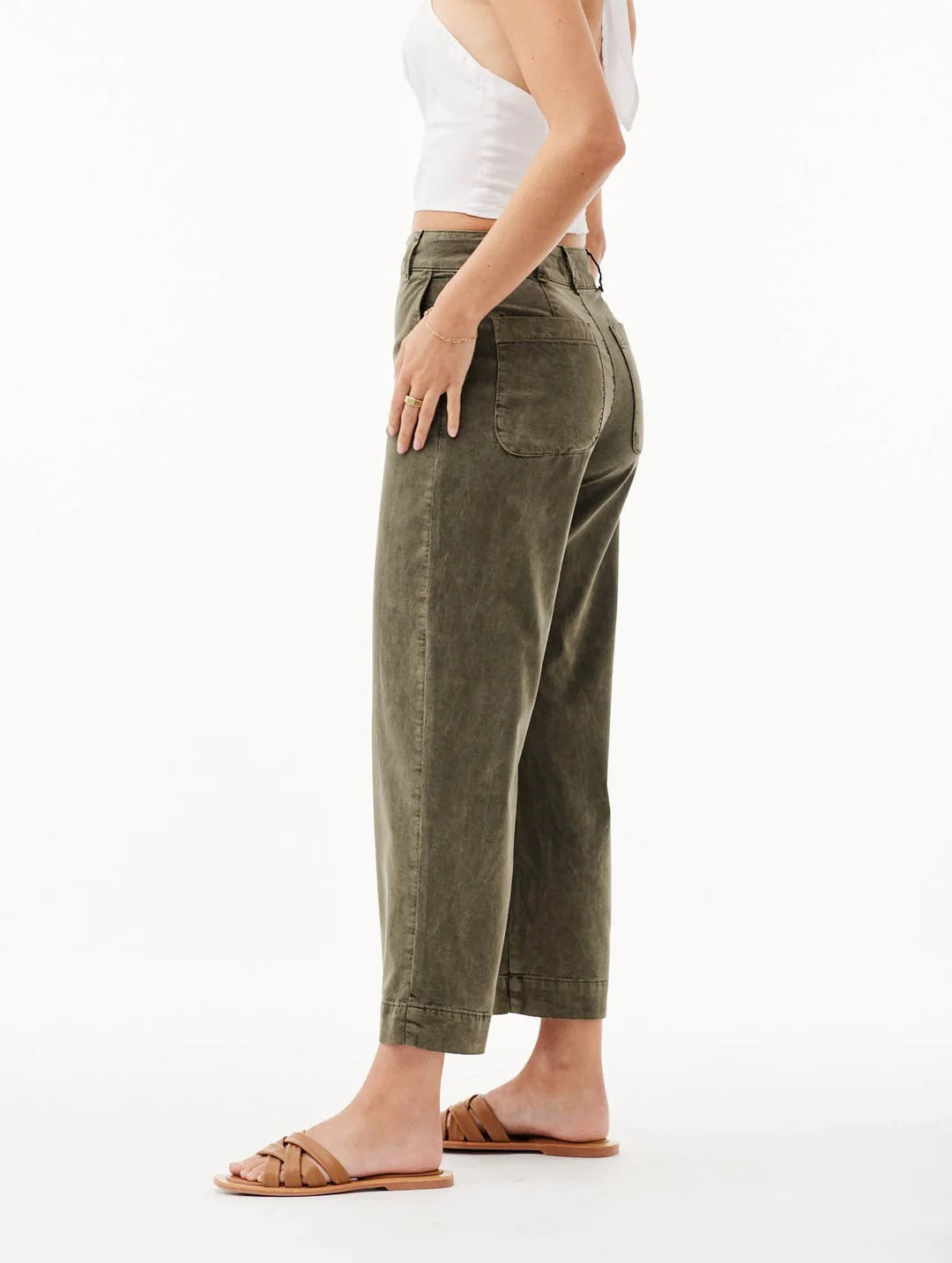 Army green cropped wide leg trousers with double button and zip fastening with slant side pockets and back patch pockets