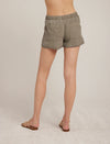 Soft kahki frayed hem summer shorts with slant front pockets and back patch pockets 
