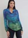Blue and green horizontal tie-dye satin look button down shirt with classic collar and long sleeves